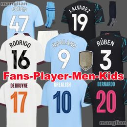 23 24 Haaland Soccer Jersey de Bruyne Grealish Mans Villes sterling Mahrez Foden Fans Joueur Version 2023 2024 Top de foot