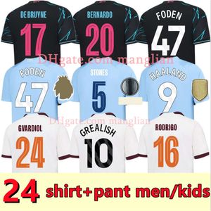 23 24 Haaland Soccer Jersey de Bruyne Grealish Mans Villes sterling Mahrez Foden Fans Joueur Version 2024 Tops de foot