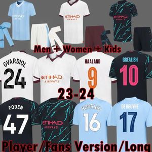 23 24 Jerseys de fútbol de Haaland Grealish Man City Sterling Mans Cities Mahrez Fans Versión de Bruyne Foden 2023 2024 Camisa de fútbol Kit para niños Kit