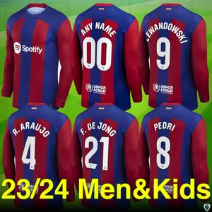 23 24 Maillots de football à manches longues PEDRI JOAO FELIX BARCA GAVI 2023 2024 BALDE FERRAN RAPHINHA BARCELONE GUNDOGAN F. DE JONG Chemise de football hommes joueur kit enfants