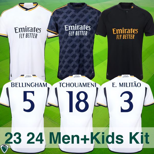 23 24 Maillots de football Los Blancos-Bellingham, Tchouameni, E. Militao Editions.Premium pour les fans - Domicile, Extérieur, Troisième kits, Collection Enfants. Options de personnalisation de différentes tailles