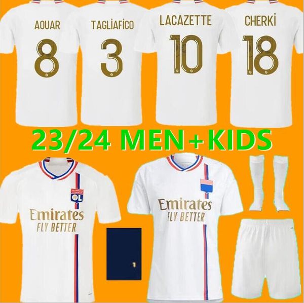 23/24 maillots de football de Maillot Lyon 2023 Home Toko Ekambi L.Paqueta Kadewere Dembele Aouar Shirts Away Boateng Cherki Kids Kit Kit Football Uniforms