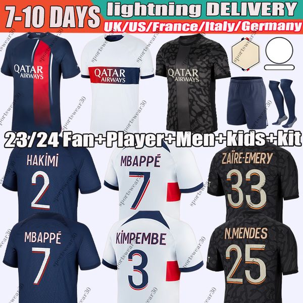 Jerseys de football # 7 MBAPPE Maillot PSGES 23/24 Joueur 10 Hakimi Sergio Ramos M.Asension 2023 2024 FOOTBALL MENSEY MEN KIDS Kit Kit uniforme