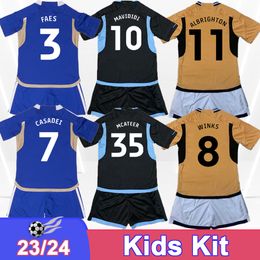 23 24 Perez Evans Kid Kit Soccer Jerseys Maddison Tielemans Faes Vardy Soyuncu Dewsbury Hall Home Away 3rd Child Football Shirts Uniforms