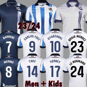 23 24 Real Sociedad Soccer Jerseys Take Kubo Oyarzabal Sadiq Andre Silva Zubimendi Brais Mendez Merino Le Normand Zubeldia 2023 Home Away Hommes Chemises de football Kit enfants