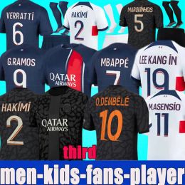 23 24 Jerseys de fútbol Maillot de Foot MBAPPE HAKIMI Tercer negro 2023 2024 MARQUINHOS BARCOLA Camiseta de fútbol Hommes Hombres Niños Kit O.DEMBELE