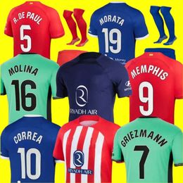 23 24 Voetbalshirts MORATA MEMPHIS 2023 2024 Voetbaltenue CORREA KOKE Atletico Madrids Camisetas De Futbol LEMAR CARRASCO Heren Kindervoetbalshirt