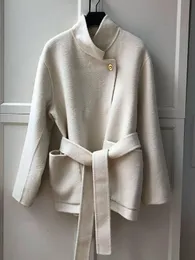 23 automne/hiver nouveau Maj crème blanc petit col montant boucle d'or laine à lacets court M maison manteau manteau manteau