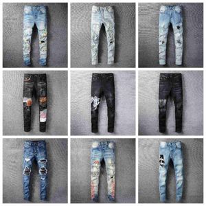 Designer Jeans pour hommes Hip-hop Fashion Zipper Hole Wash Jeans Pantalons rétro Torn Pold Coux pour hommes Design Motorcycle Riding Cool Slim Pant Sky Blue Jean pour les femmes 28-40