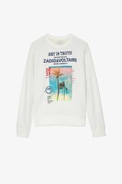 Zadig Voltaire designer Sweat-shirt en pur coton Noix de coco Encre blanche Impression numérique Coton Col rond Manches raglan Femmes Pull Classique hauts à la mode surdimensionné