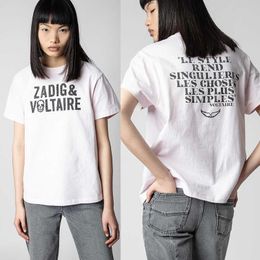 Camisa Ropa de lujo Polos Ropa de manga Camiseta Zadig Voltaire Estampado de letras clásicas Frente Atrás Fuente rayada Algodón Mujer Manga corta Diseñador Tide tops