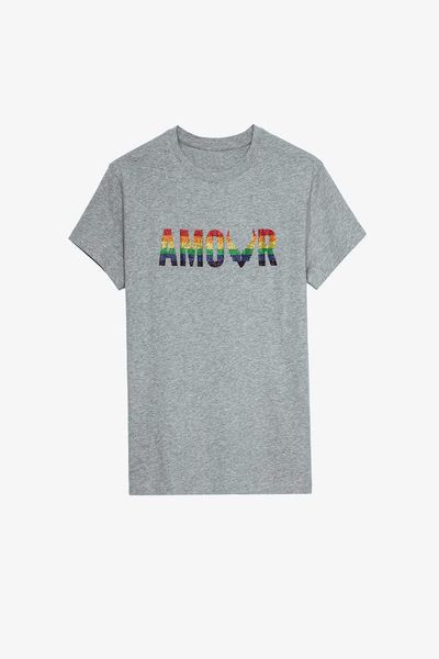 Zadig Voltaire Camisetas de algodón Camiseta con estampado del alfabeto del arco iris degradado Camiseta de manga corta con diamantes calientes para mujer Diseñador de moda clásico Tide Pure tops de gran tamaño