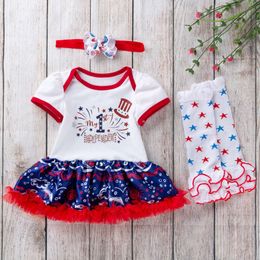 23 Onafhankelijkheidsdag Babykleding Gedrukte sterhoed Korte mouwen Princess Dress Dress Socks Set Hair Accessoires 3-delige jurk