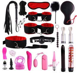 23 PCS TOYS SEXE POUR FEMMES GAMES ADULTS HAUFFS MORDE WHIP BOUCLE CORDE METAL BRESS BOUCHE BDSM SET SET Perle Perge anale Bouchon anal vibrateur SH1907309305