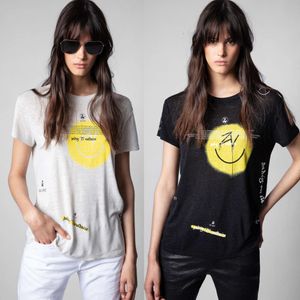 23 lente en zomer mode T-shirts Zadig Voltaire lachend gezicht letterdruk linnen zwart en wit T-shirt met ronde hals en korte mouwen dames