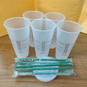 Starbucksss 24oz / 710ml Plastic Tumbler Herbruikbaar Helder Drinken Vlakke Bodem Cup Pijler Vorm Deksel Stro Mokken Bardian 50pcs Free DHL