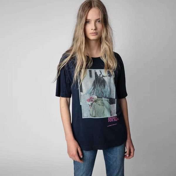 23 Été Nouvelle niche française Zadig Voltaire2024 Filles Encre blanche Impression numérique Hot Diamond Patchwork Courbe Lâche T-shirt à manches courtes