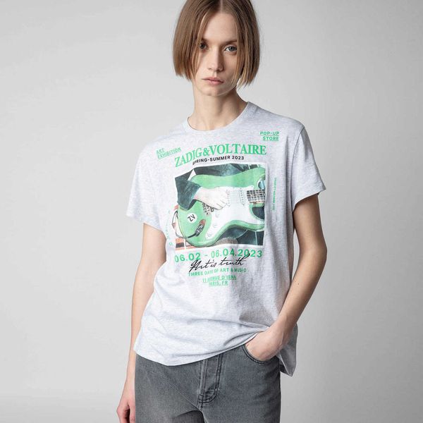 23 été nouvelle Niche française Zadig Voltaire2024 guitare verte encre blanche impression numérique femmes col rond coton T-shirt à manches courtes