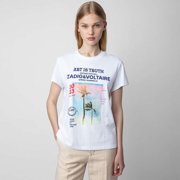 23 T-shirt d'été pour femmes Zadig Voltaire paysage de cocotiers encre blanche chemises numériques impression diamant chaud coton T-shirt à manches courtes pour femmes