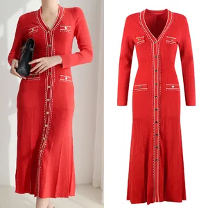 23 ans Slim Fit robe tricotée robe longue rouge robe tricotée rouge tempérament des femmes matures style femme robe longue YJ210703