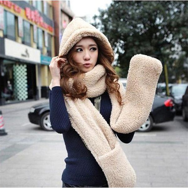 230*14cm mode hiver chaud femmes écharpe à capuche gants poche oreillette chapeau longue écharpe châle enveloppement gants ensembles 9 couleurs livraison gratuite