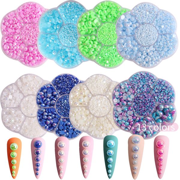 2300PCS Demi-Perles pour Manucure, Perles Flatback pour Nail Art DIY Accessoire, Bijoux Perle Art et Projets de Mode, Coloré Multi Tailles Demi-Perles Artisanat