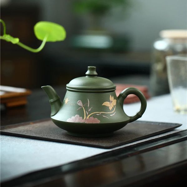 Tetera verde hecha a mano auténtica de 230CC, tetera de arcilla púrpura Yixing, juego de té Puer, tetera Kung Fu Zisha 240315