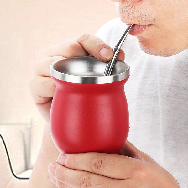 230 ml 8 oz Tasses Bombilla Yerba Mate Gourde Tasse À Thé En Acier Inoxydable Avec Une Cuillère Brosse À Paille Double Paroi Tasse À Café Isolation Thermique Anti Brûlure ZL0739