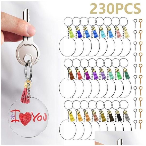 230 pièces porte-clés bricolage cercle clair disques porte-clés faisant Kit métal acrylique rond porte-clés blancs gland pendentif comme cadeaux de fête livraison directe