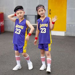 2324 Boy Girl Lakers 23 Basketball Jerseys Childrens Uniform Set Primary School Jersey Game Team Uniform Training Vest 240430