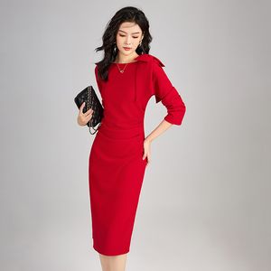 2325109-Nanyou qualité Socialite français plissé taille pincée hanche épaule nœud conception robe à manches longues