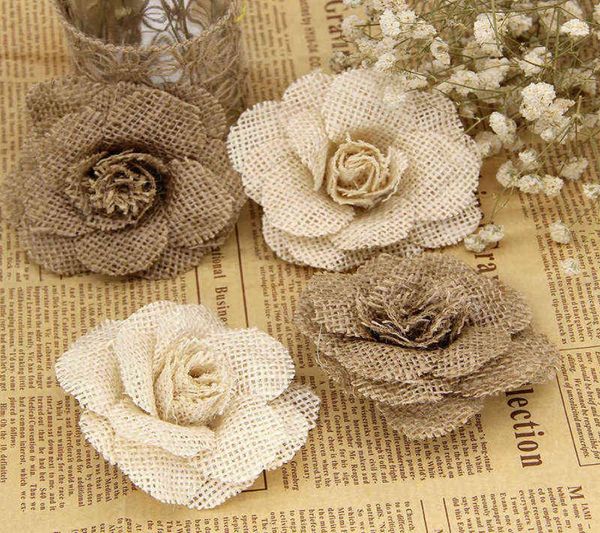 235 pièces 9 cm toile de Jute de Jute faite à la main fleurs de roses décoration de mariage rustique Vintage décorations de Noël en Jute pour la maison G22046041052