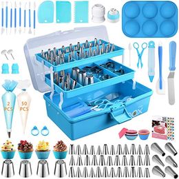 236PCS Juego de bocas para decoración de pasteles con almacenamiento de tres capas Caja de regalo plegable azul Juego para hornear Accesorios para decoración de pasteles Herramientas 220518