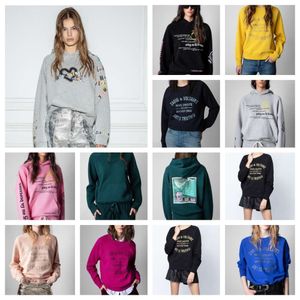 23 Automne Niche française Zadig Voltaire Sweatshirts Bouton V-Neck Hoodies Back Tire Imprimer des lettres abstraites Impression à manches longues T-shirt Coton Femmes