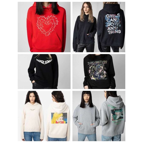 23aw Sweats à capuche féminine Zadig Voltaire Impression classique Raglan Sleas de coton de cou rond noir Pull pour femmes