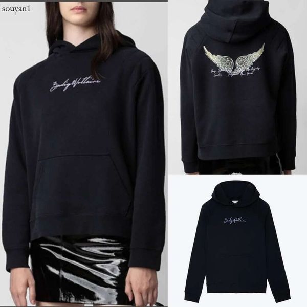 23AW Zadig Voltaire Nouvelle Niche Femmes Designer Pull à capuche Sweat-shirt Lettre avant Ailes blanches Encre blanche Impression numérique simple Coton Pull à capuche polyvalent