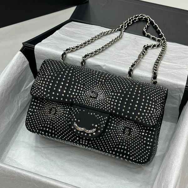 23C Diamantes brillantes de dos tonos Diseñador de mujer Bolso clásico con solapa Tela de algodón Hardware de metal plateado Cadena Matelasse 20 cm Bolso de hombro con cuerpo cruzado Bolso de lujo ostentoso