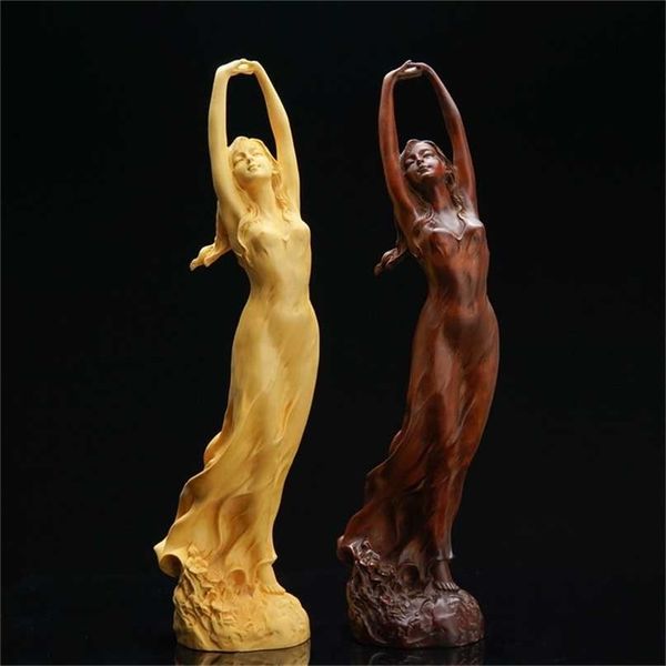 23 cm madera estilo chino belleza estatua femenina escultura arte boj hecho a mano tallado hada miniatura decoración artesanías 211108