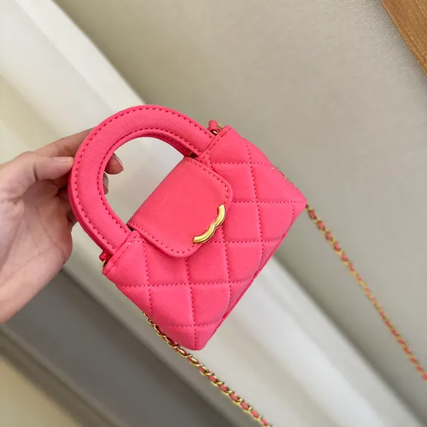 Mini sac à provisions de créateur pour femme en tissu de coton rose/noir 23 carats avec poignée demi-ronde Matériel doré Chaîne en matelasse 13x19 cm Porte-monnaie Sac à main à bandoulière