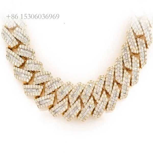 Lien de diamants Baguette naturels de 23Mm pour hommes, collier cubain en or jaune de haute qualité, fabriqué à la main