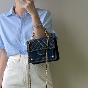 23S AS3932 Femmes Vintage Denim Cowboy Noir Sacs Classique Mini Tofu Messenger Bourse Bracelet Chaîne Poignée Totes Or Métal Matériel Matelasse Épaule Sac À Main 18CM