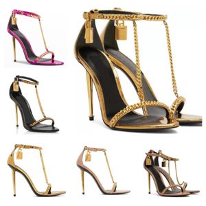 23S Luxe padlock Pointy naakte sandalen schoenen vrouwen sleutel sleutel metaal stiletto hakken gouden ketting link sexy dame feest trouwjurk schoen EU35-43 originele doos