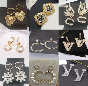 23ss 20style 18K Plaqué Or Lettres Goujon Gland Longue Boucle D'oreille Balancent Cercle De Luxe Designer Femmes Cristal Strass Perle De Noce Bijoux