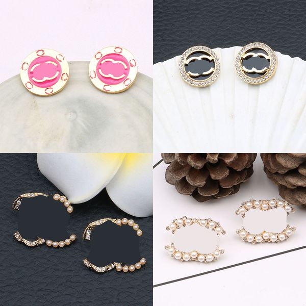 23ss 20style Mixte Marque Designer Double Lettre Stud 18K Plaqué Or 925 Argent Cercle Femmes Cristal Strass Perle Boucle D'oreille De Mariage Bijoux De Fête