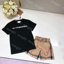 23ss baby set kid sets ropa de diseñador para niños Cuello redondo Impresión de logotipo de letra de algodón puro Camiseta de manga corta Cintura elástica Pantalones cortos de celosía traje ropa de bebé