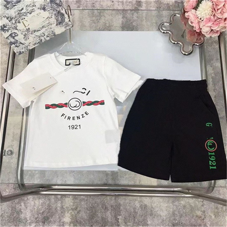 23ss baby set kid sets kids designer clothes Round neck Pure cotton double F printing Short sleeve t-shirt Letter ribbon splicing shorts suit baby clothes 90cm-160cm 03