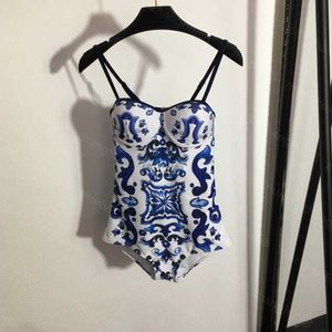 23ss bikini maillots de bain femmes maillots de bain femmes bikini designer maillot de bain bleu et blanc porcelaine imprimé jarretelle maillot de bain une pièce femmes vêtements a1