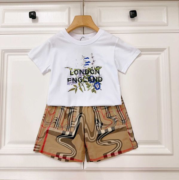 23ss niños niñas camiseta pantalones cortos traje conjuntos para niños ropa de diseñador para niños Cuello redondo Impresión de logotipo de algodón puro Manga corta clásico celosía cremallera pantalones cortos traje ropa de bebé