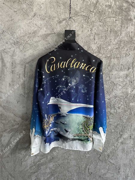 23SS Casablanca Drop Feelting Style Satin Desginer Fashion Shirt Pegasus Constellation Night Print Dropping Feele Lazy Silk Loos