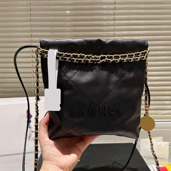 23SS Classic Mini Black Caviar Leather 22 Sacs à bandoulière avec Black-Letter Gold Coin Charm Gold Metal Hardware Matelasse Chain Crossbody Handsbags 20cm